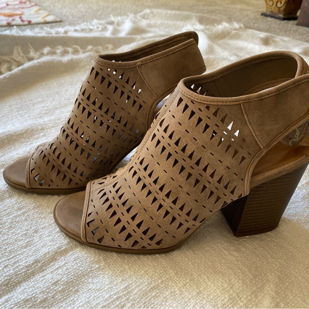 Tan “ peep toe” heeled ankle boots/sandals